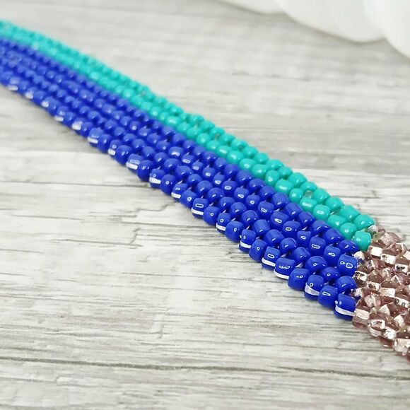 Boho Chic Herringbone Beaded Bracelet, Rose Quartz Gemstone Butterfly Artisan 7" - Picture 3 of 5